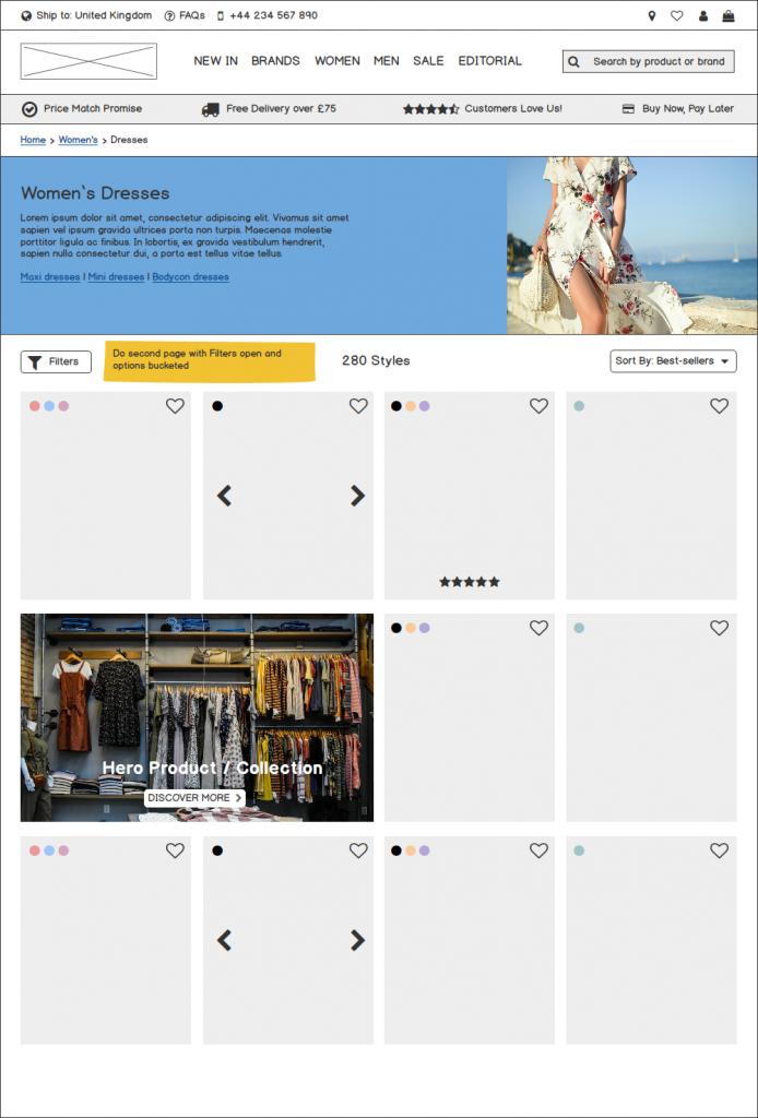 Ecommerce product list page wireframe